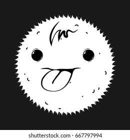 Vector illustration. Fluffy white smiley on a black background with exposed tongue.