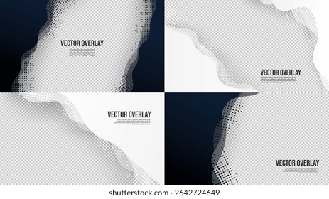 Ilustración vectorial. Concepto de movimiento fluido. Conjunto de marco de color blanco y negro Abstractas. Patrón ondulado líquido con puntos de semitono. Elementos de diseño para el Anuncio Horizontal del Web, Plantilla de la presentación