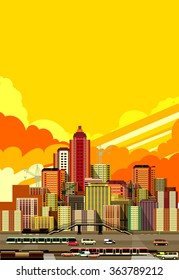 vector illustration fluorescent image of the city with high-rise buildings and moving vehicles, industrial part of the city