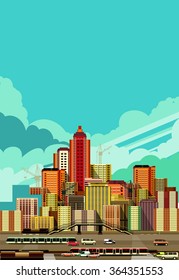 Ilustración vectorial de la Imagen fluorescente de la ciudad con edificios de gran altura y vehículos en movimiento, parte industrial de la ciudad