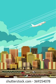 vector illustration fluorescent image of the city with high-rise buildings and moving vehicles, industrial part of the city