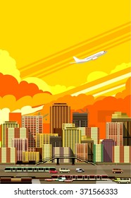 vector illustration fluorescent image of the city with high-rise buildings and moving vehicles, industrial part of the city