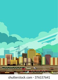 vector illustration fluorescent image of the city with high-rise buildings and moving vehicles, industrial part of the city