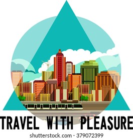 vector illustration fluorescent image of the city with high-rise buildings and moving vehicles, industrial part of the city