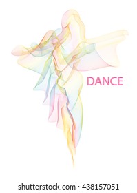 Vector illustration of fluttering airy colorful moire veil folded in a shape of walking or dancing woman silhouette in a long dress. EPS 10 vector image, easy to change colors