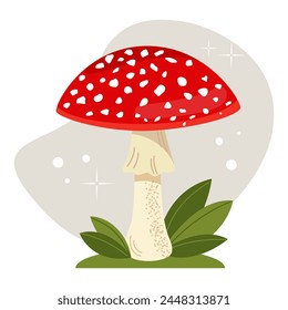 Vector illustration of a fly agaric in the grass. Inedible, poisonous mushrooms.