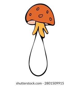 Vector illustration of a fly agaric with long stem. Red cap with white spots, yellow skirt and elongated white stem. Stylized autumn mushroom on white background.