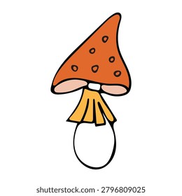 Vector illustration of a fly agaric mushroom. Classic red fly agaric with white spots, yellow skirt and white stem. Bright stylized design on white background.