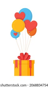 Vector illustration of a fly gift. Isolated on white background gift box with balloons. Giving gifts for the new year. Christmas mood. 