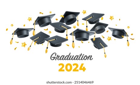 Vector illustration of fly graduate cap and star on white background. Caps thrown up pattern with confetti. 3d style design of congratulation graduates 2024 class with graduation hat