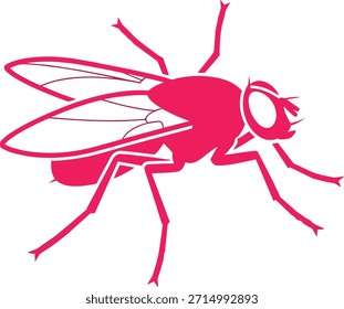 Ilustración vectorial de la silueta del insecto de la mosca en color rosado audaz, diseño gráfico de la plaga, dibujo detallado de la mosca, ilustraciones del insecto de la naturaleza para la decoración, logotipo