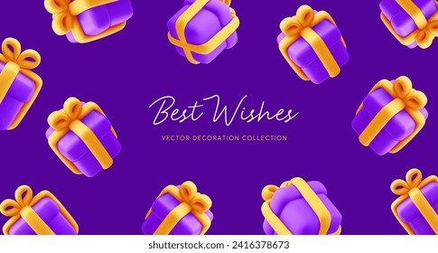 Ilustración vectorial de la caja de regalo realista de la mosca con cinta amarilla y mejores deseos de texto. Diseño de plantilla de vacaciones de estilo 3d del cuadro actual sobre fondo de color. Sorpresa de regalo festivo para web, sitio de venta