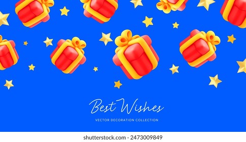 Vector illustration of fly realistic red color gift box with text and star. 3d style holiday design of pattern of present box with ribbon and golden star on blue background. Festive gift surprise