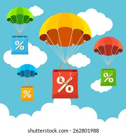 Vector illustration fly in the sky parachute with paper bag sale card. Flat Design