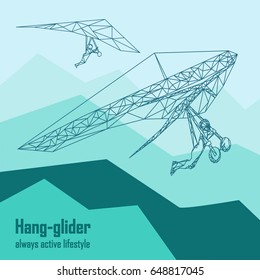 Vector illustration with fly two hang gliders in mountains. Vector background. It can be used for advertising, brochures, ticket, cover, banner.