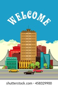 Ilustración vectorial Flyer o dibujo abstracto de la vida de la ciudad de la cubierta con el tráfico de la inscripción en el fondo hermoso del cielo