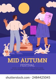 Vector illustration of a flyer featuring characters and bunnies celebrating the Asian Mid-Autumn Festival. Traditional Mooncake Festival. Advertising poster in Flat style with place for text.