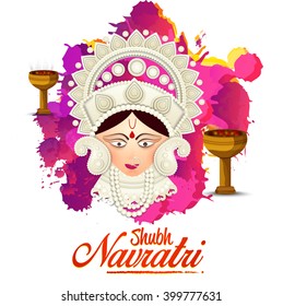 Vector illustration or flyer of goddess Durga idol  in a colorful  background for Happy Navratri celebration.