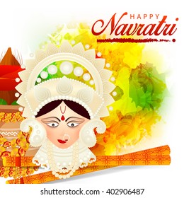 Vector illustration or flyer of goddess Durga idol in a traditional background for Happy Navratri celebration.