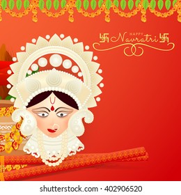 Vector illustration or flyer of goddess Durga idol in a traditional background for Happy Navratri celebration.