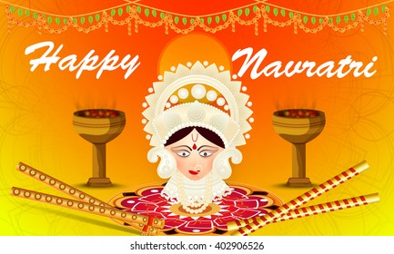 Vector illustration or flyer of goddess Durga idol in a traditional background for Happy Navratri celebration.