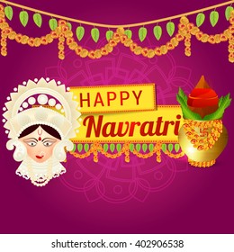 Vector illustration or flyer of goddess Durga idol in a traditional background for Happy Navratri celebration.