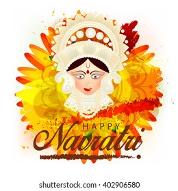 Vector illustration or flyer of goddess Durga idol in a traditional background for Happy Navratri celebration.