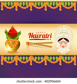 Vector illustration or flyer of goddess Durga idol in a traditional background for Happy Navratri celebration.