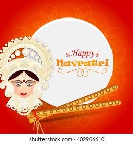 Vector illustration or flyer of goddess Durga idol in a traditional background for Happy Navratri celebration.