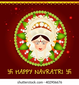 Vector illustration or flyer of goddess Durga idol in a traditional background for Happy Navratri celebration.
