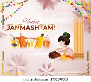 VECTOR ILLUSTRATION OF FLYER FOR INDIAN FESTIVAL JANMAASHTMI , ILLUSTRATION IS SHOWING LITTLE KRISHNA (INDIAN GOD) EATING SWEET BUTTER FROM POT BUTTER WITH FLUTE PEACOCK FEATHER IN SHINY BACKGROUND 