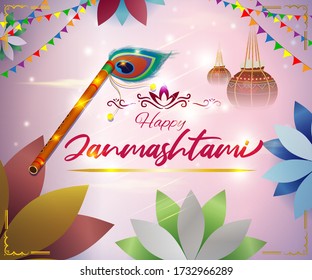 VECTOR ILLUSTRATION OF FLYER FOR INDIAN FESTIVAL JANMASHTMI MEANS JANMASHTMI, ILLUSTRATION IS SHOWING FLUTE, PEACOCK FEATHER & BUTTER POT IN SHINY BACKGROUND 
