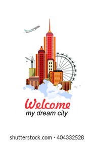 vector illustration flyer poster city buildings on a white background in a cloud of dream 