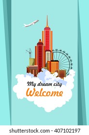 vector illustration flyer poster city buildings on a white background in a cloud of dream 