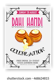 Vector illustration of a Flyer/Banner with Dahi Handi for Happy Krishna Janmashtami with colorful text.