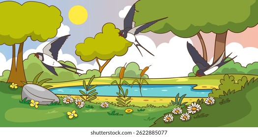 vector illustration flying above nature lake landscape background
