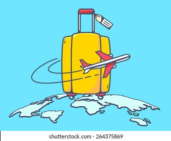 Vector illustration of flying air plane around yellow travel suitcase on blue planet background. Hand draw line art design for web, site, advertising, banner, poster, board and print.