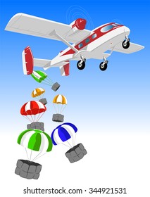 vector illustration of flying airplane and cargo on parachutes