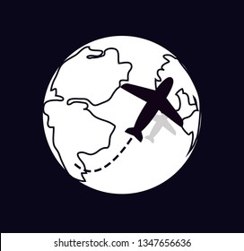 Vector illustration of flying airplane icon over planet earth with flying line isolated on black background