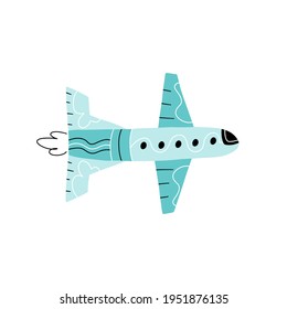 Vector illustration of flying airplane isolated on white background. Cartoon flat style. Hand drawn.
