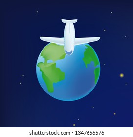 Vector illustration of flying airplane up in sky over planet earth isolated in universe