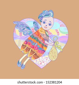 vector illustration of flying angel holding a box