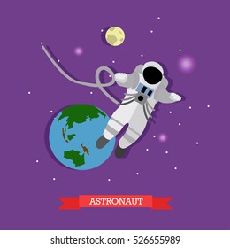 Vector illustration of flying astronaut in outer space, planet Earth and Moon. Man in spacesuit and helmet. Space exploration concept design element in flat style.