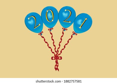 Ilustración vectorial de los globos voladores con los saludos del año nuevo 2021 con cintas rojas.