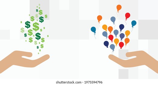 vector illustration of flying balloon and hand giving money for virtual services market