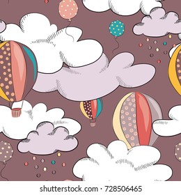 Vector illustration of  flying balloons in the clouds on purple background. Seamless pattern