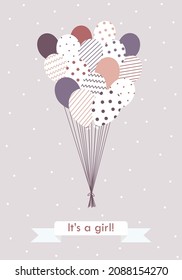 Vector illustration, flying balloons with geometric patterns and ribbon with words It's a girl. Cute tender composition for baby shower, banners, greeting card, invitation and other design