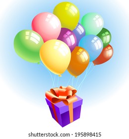 A vector illustration of flying balloons with a gift against blue sky