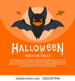 Vector illustration, flying bat, on a full moon background, as a banner, poster or invitation to a halloween party.