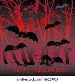 Vector illustration flying bats on background terrible tree